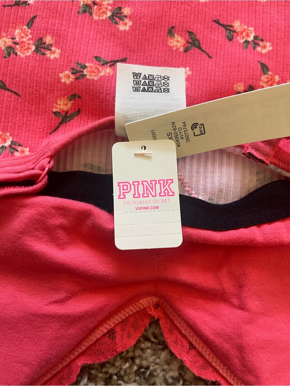 NWT Victoria's Secret PINK Floral Lace Trim Ribbed Bodysuit Cami Top XS Coral - Picture 11 of 15